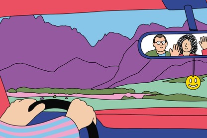 An illustration showing a person driving a car and seeing their parents in the rearview mirror