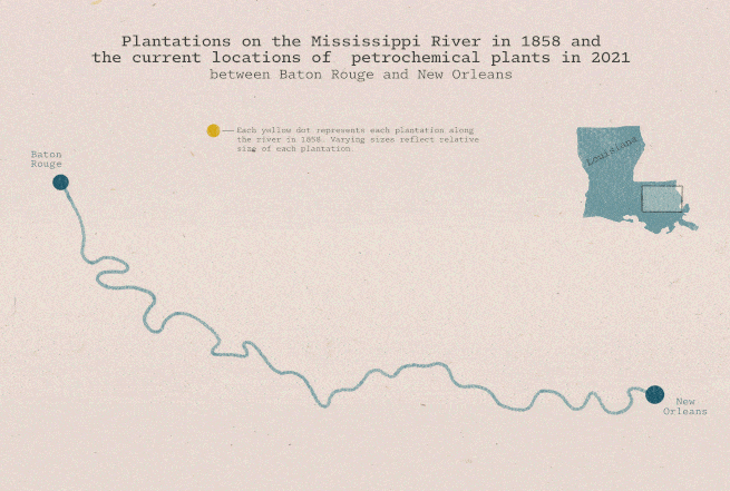 A map of plantations merged with contemporary chemical plants along Mississippi river