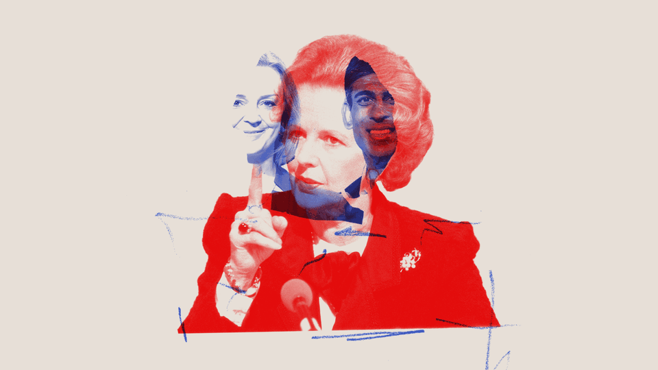 An illustration featuring an image of Margaret Thatcher, with Liz Truss and Rishi Sunak in the background.