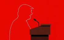 An illustration of a lectern with an empty, dotted-line silhouette of Donald Trump standing behind it