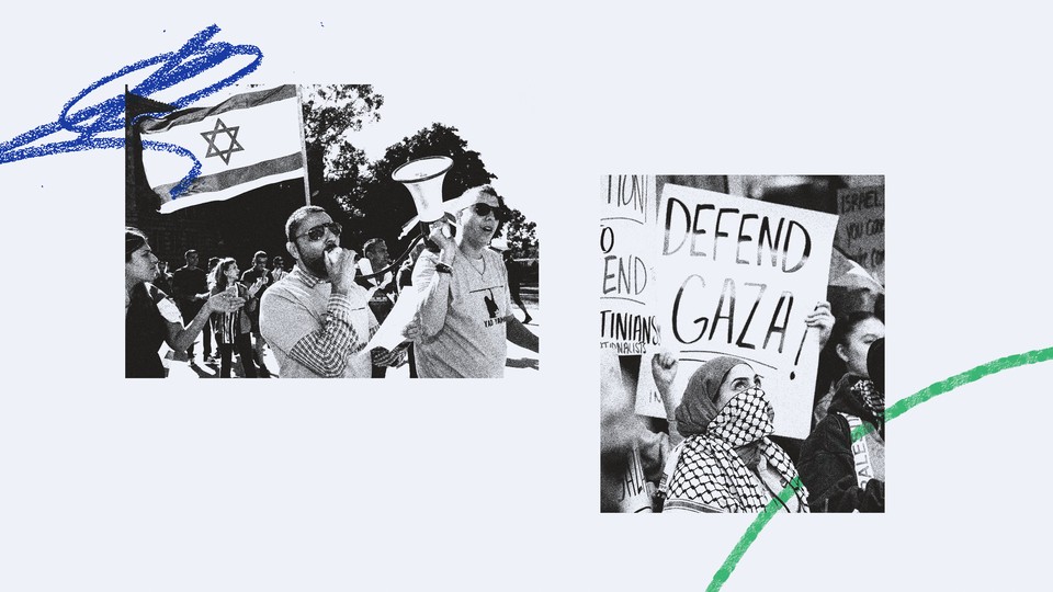 Two black-and-white images of a protest in support of Israel and a protest in support of Gaza against a light-blue background, with blue and green crayon markings