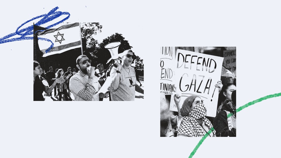 Two black-and-white images of a protest in support of Israel and a protest in support of Gaza against a light blue background, with blue and green crayon markings