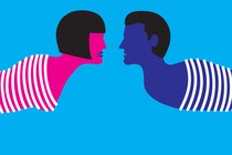 A hot-pink female silhouette and a blue male silhouette are bound and facing each other.