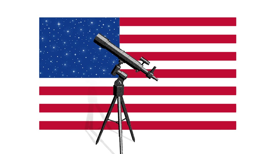 A U.S. flag with a telescope looking into a field of real stars in the blue upper square.