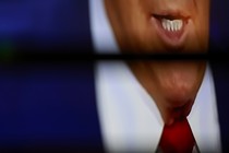 Close-up of Trump's mouth, distorted by camera