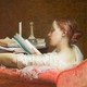A painting of a woman holding a cigarette reading a book in front of a pile of books