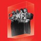 illustration of black-and-white image of Abba singing with mics and accordion in 3-D projected rectangle on red background
