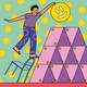 A figure precariously adding a smiley face to the top of a house of giant cards