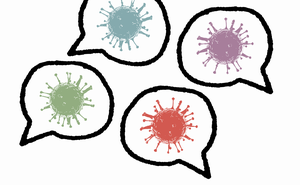 Four colorful coronaviruses, each enclosed in a conversation bubble