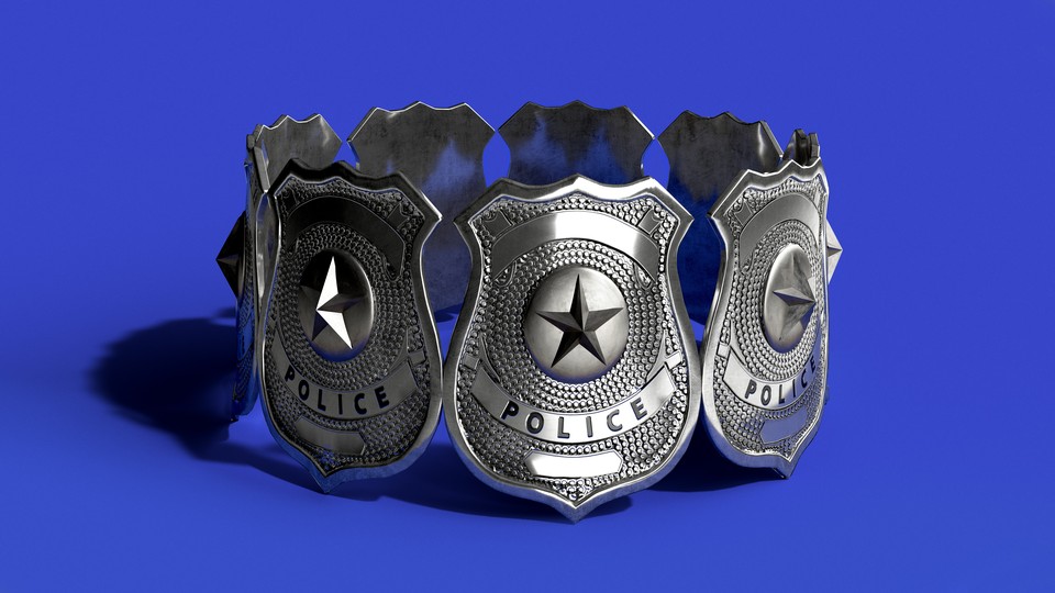 A circle of silver police badges standing against a blue background