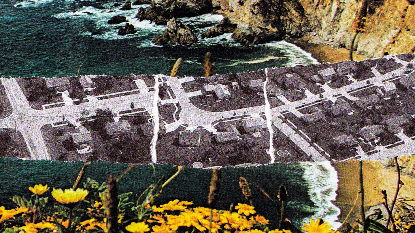 Housing in California over postcard with coastal scene