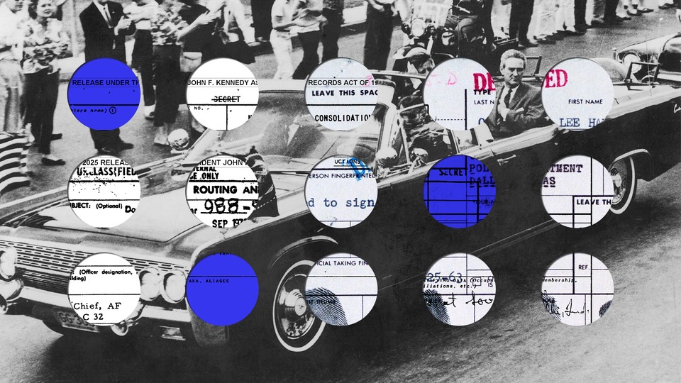 Photo of John F. Kennedy’s convertible with holes punched in it, revealing a government form behind it