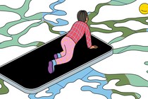 Illustration of a person flying on a smartphone like it is a magic carpet, through clouds, toward a smiley face in the distance