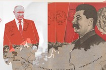 A photo-illustration depicting Vladimir Putin, Joseph Stalin, and Anna Akhmatova with a map of the Soviet Union