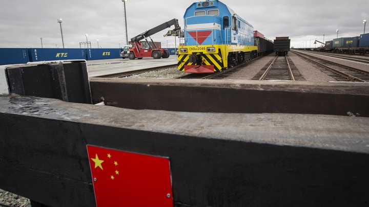 A Chinese flag is seen along the railing of the Khorgos border crossing point.